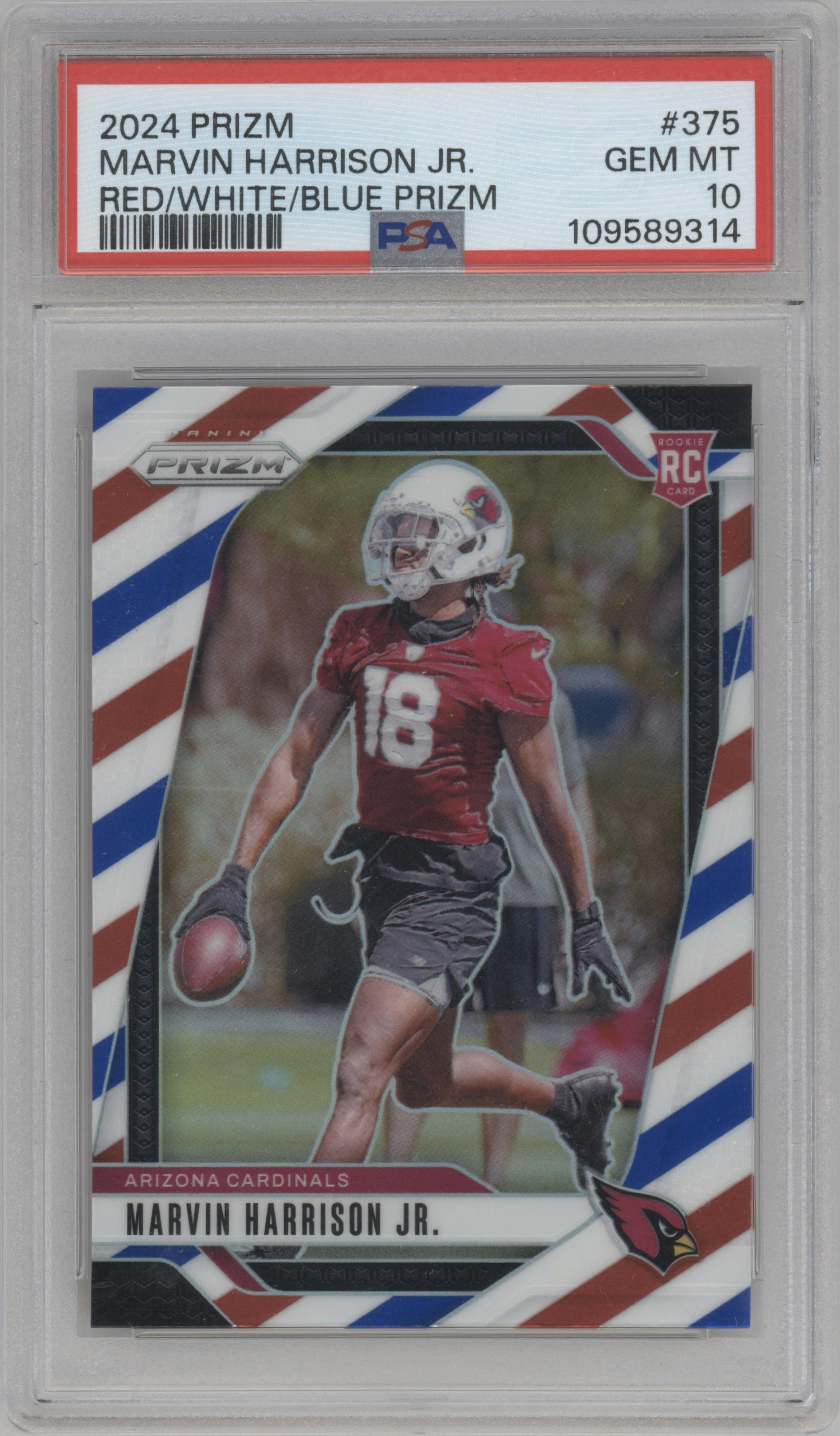 Marvin Harrison Jr. from the 2024 Panini Prizm set featuring a Red/White/Blue Prizm parallel graded by PSA and given an overall grade of 10.