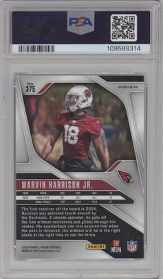 Marvin Harrison Jr. from the 2024 Panini Prizm set featuring a Red/White/Blue Prizm parallel graded by PSA and given an overall grade of 10.