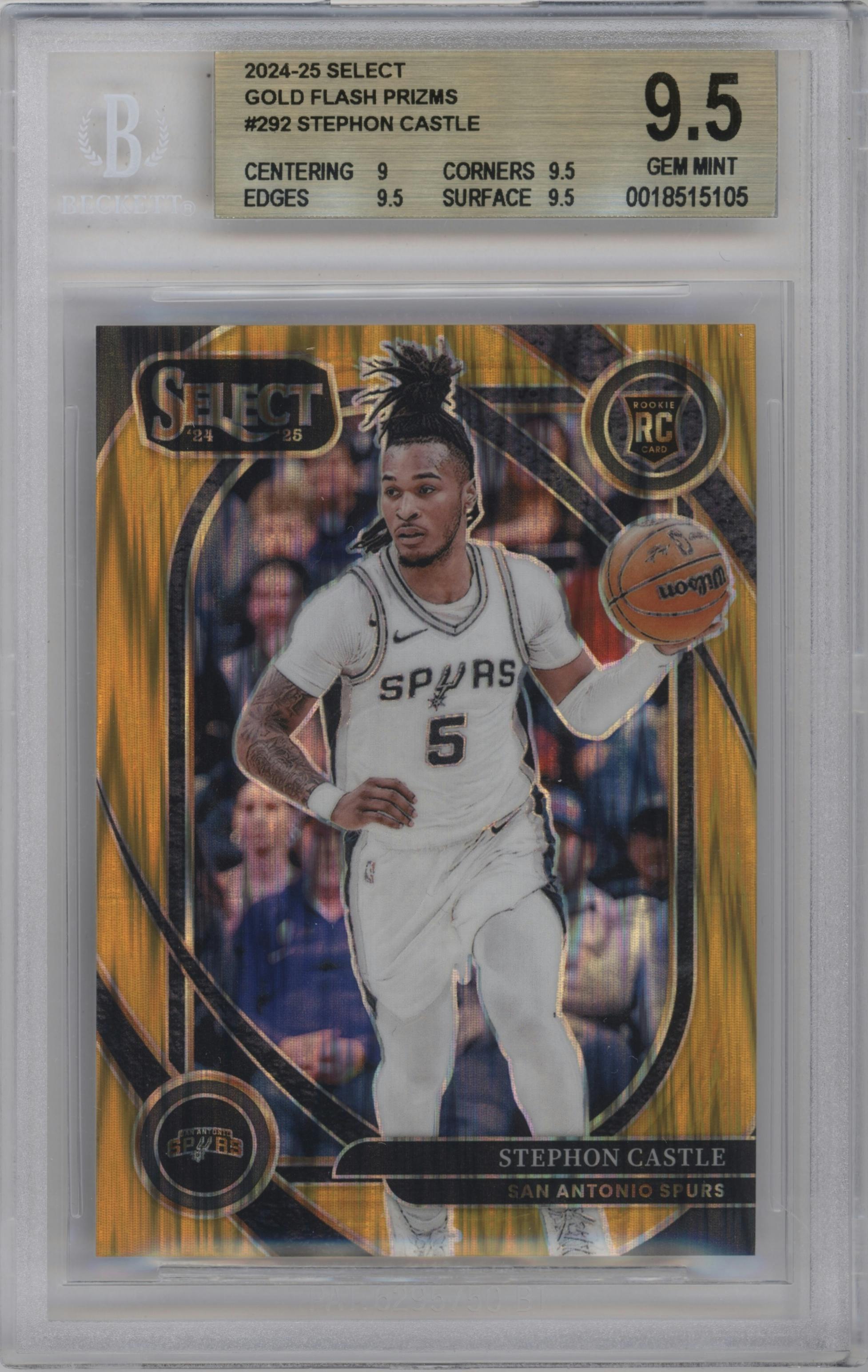 Stephon Castle  from the 2024-25 Panini Select set featuring a Gold Flash parallel graded by Beckett and given an overall grade of 9.5.