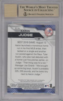 Aaron Judge from the 2017 Bowman’s Best set featuring a Green Refractor parallel graded by Beckett and given an overall grade of 9.5.