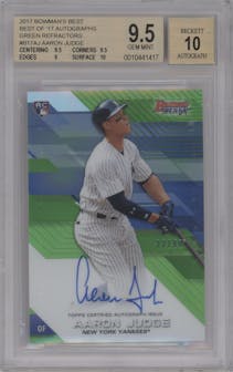 Aaron Judge from the 2017 Bowman’s Best set featuring a Green Refractor parallel graded by Beckett and given an overall grade of 9.5.