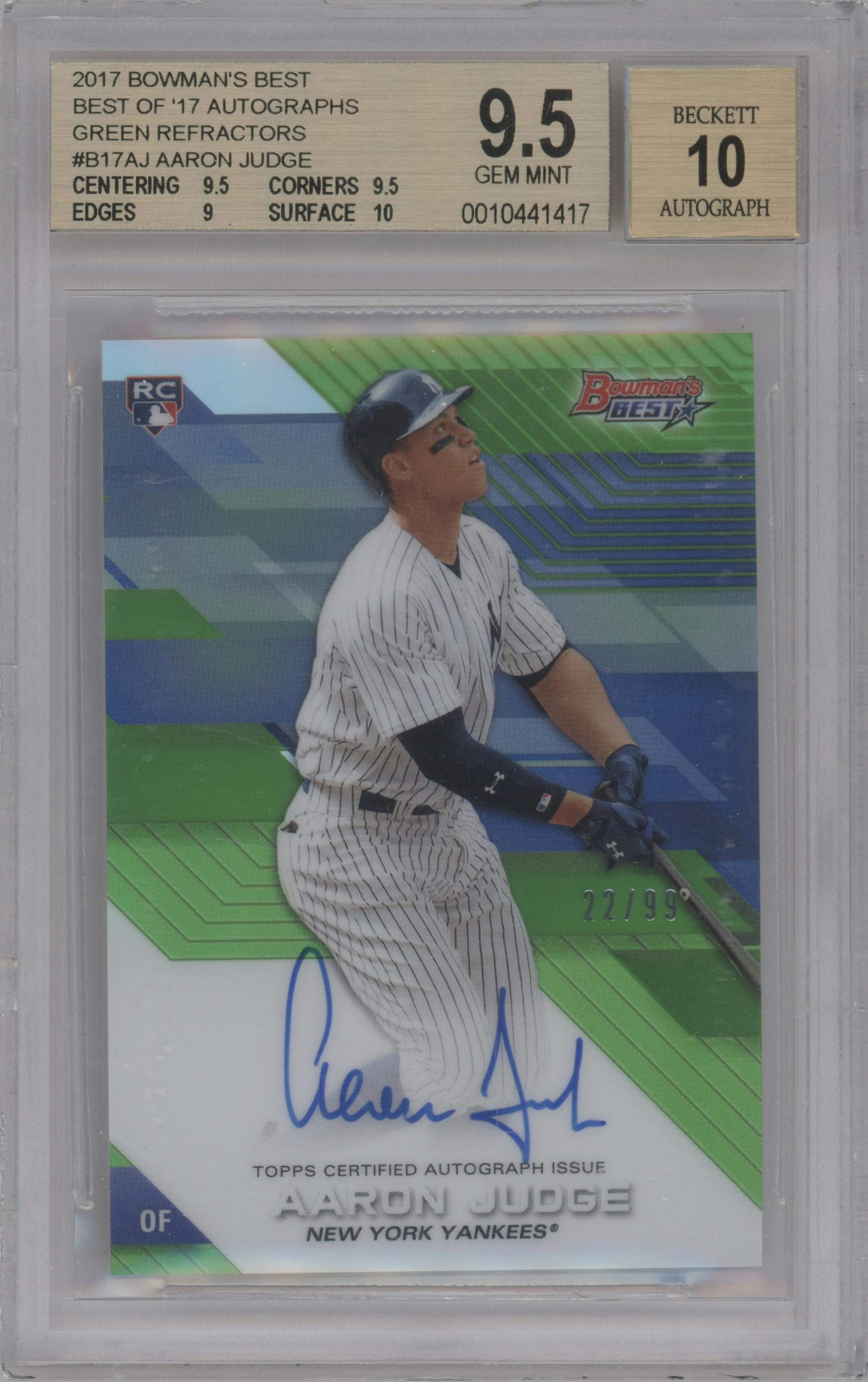 Aaron Judge from the 2017 Bowman’s Best set featuring a Green Refractor parallel graded by Beckett and given an overall grade of 9.5.