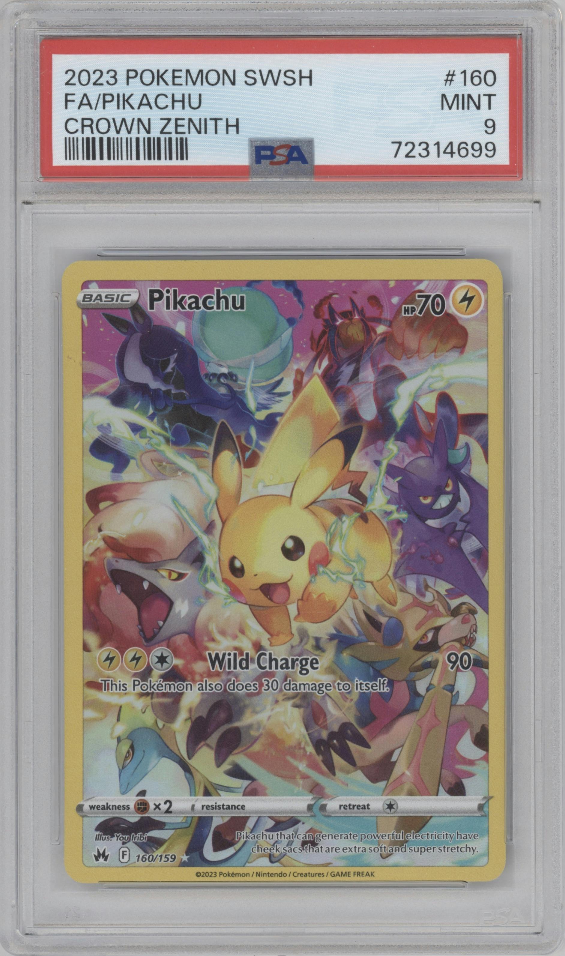 Pikachu  from the 2023 Pokemon SWSH set graded by PSA and given an overall grade of 9.