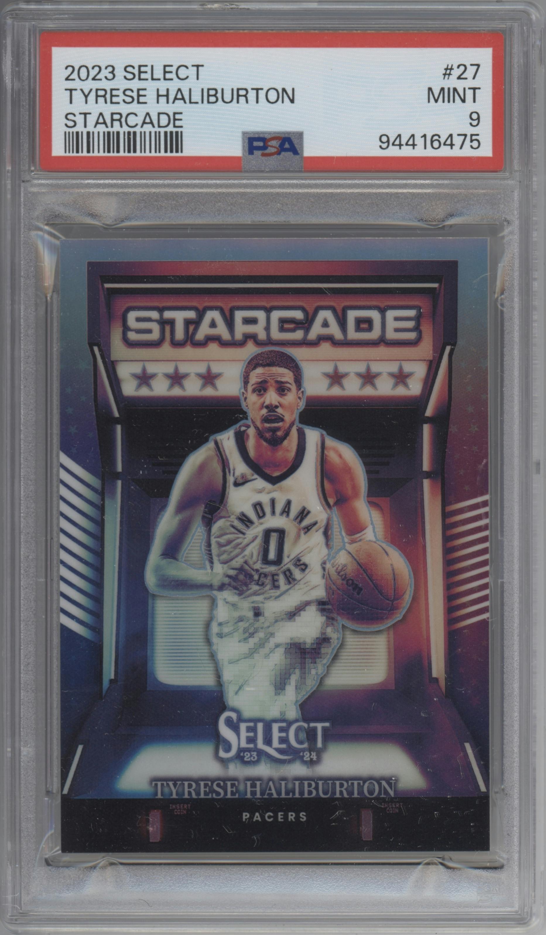 Tyrese Haliburton from the 2023-24 Panini Select  set graded by PSA and given an overall grade of 9.