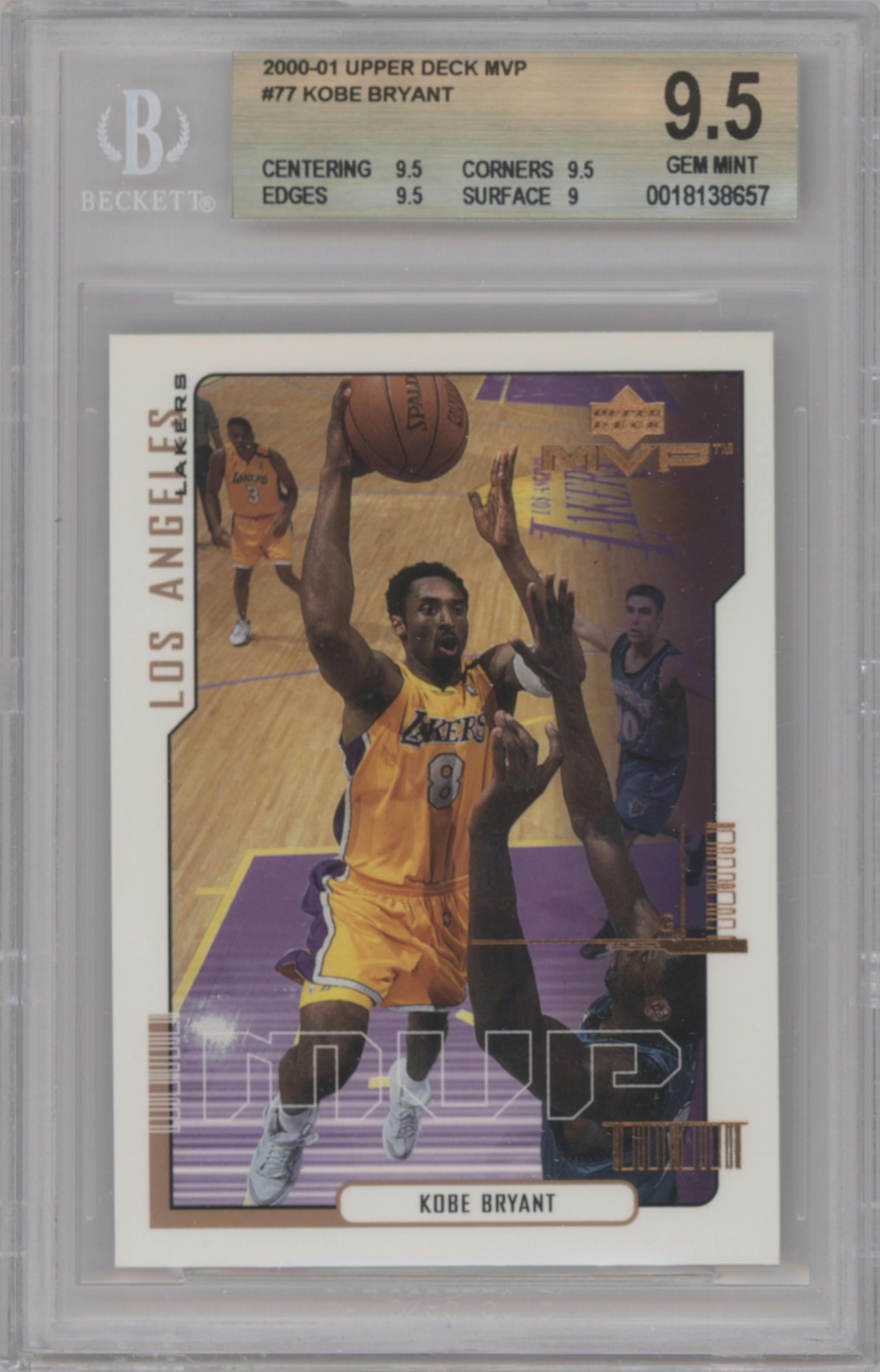 Kobe Bryant from the 2000-01 Upper Deck MVP set graded by Beckett and given an overall grade of 9.5.
