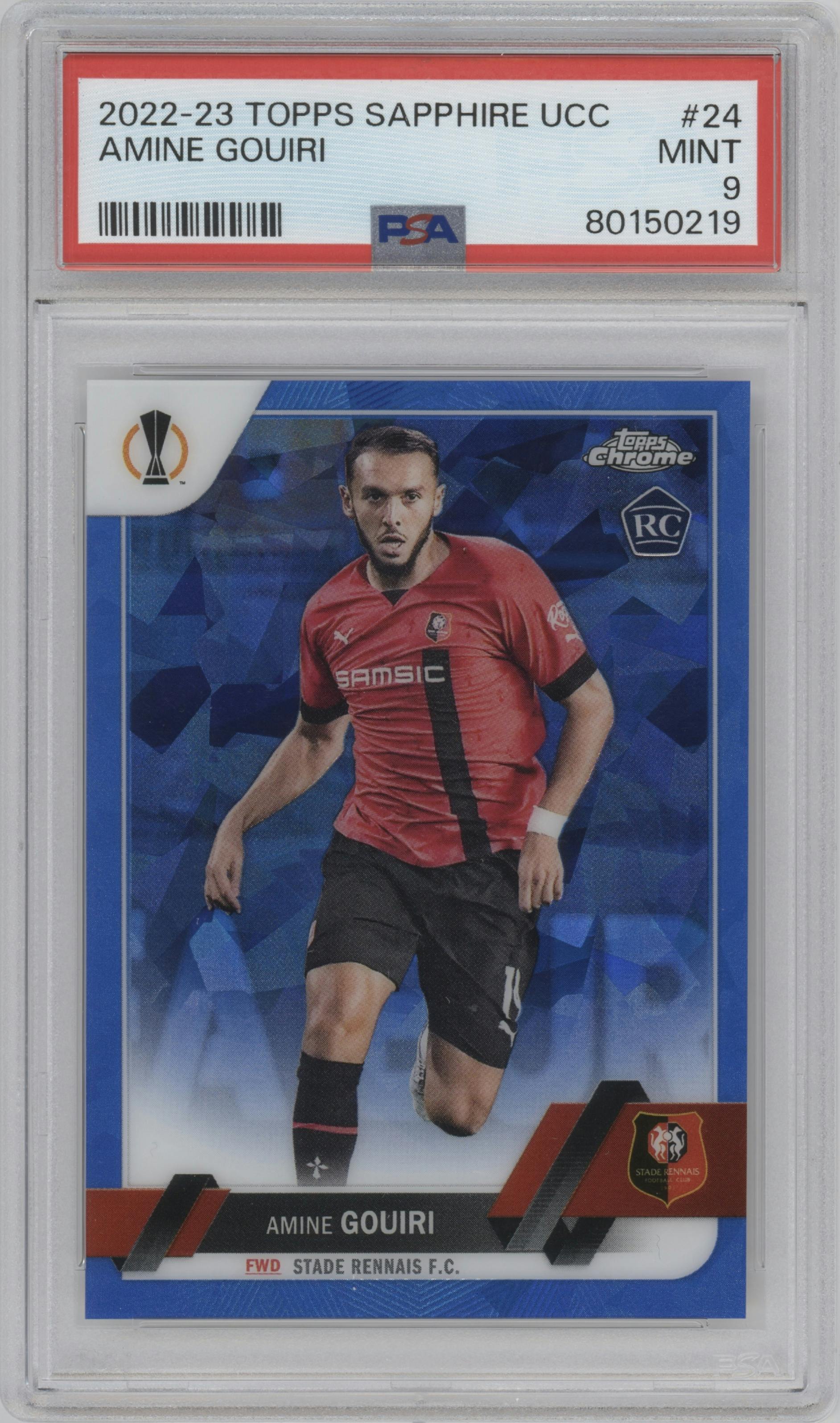 Amine Gouiri from the 2022-23 Topps Chrome Sapphire Edition UEFA Club Competitions set graded by PSA and given an overall grade of 9.
