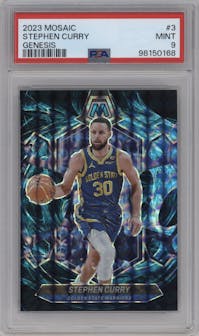 Stephen Curry from the 2023-24 Panini Mosaic set featuring a Genesis parallel graded by PSA and given an overall grade of 9.