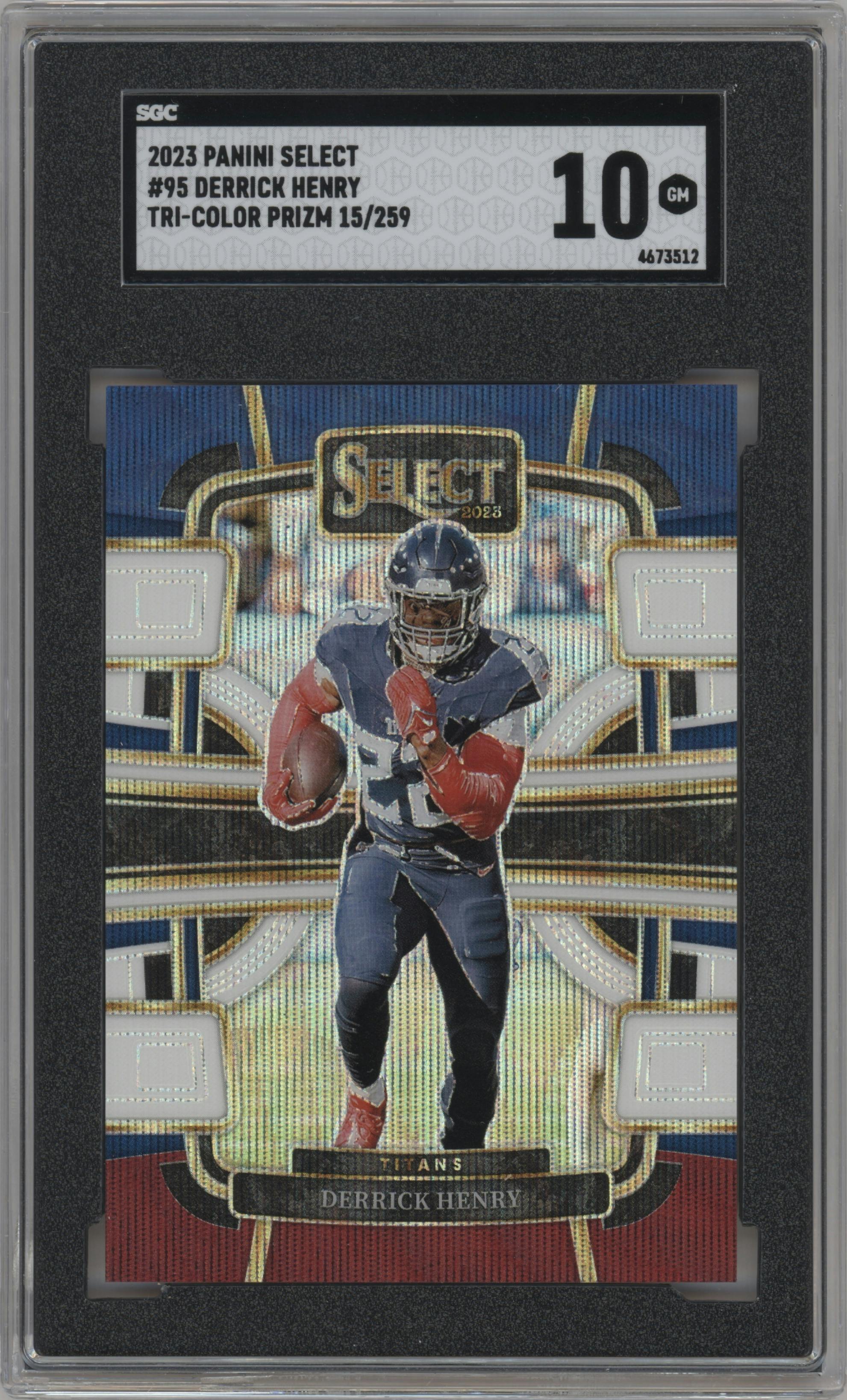 Derrick Henry  from the 2023 Panini Select set featuring a Tri-Color Prizms parallel graded by SGC and given an overall grade of 10.