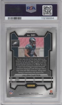 Jalen Carter from the 2023 Panini Prizm set featuring a Green Wave  parallel graded by PSA and given an overall grade of 10.