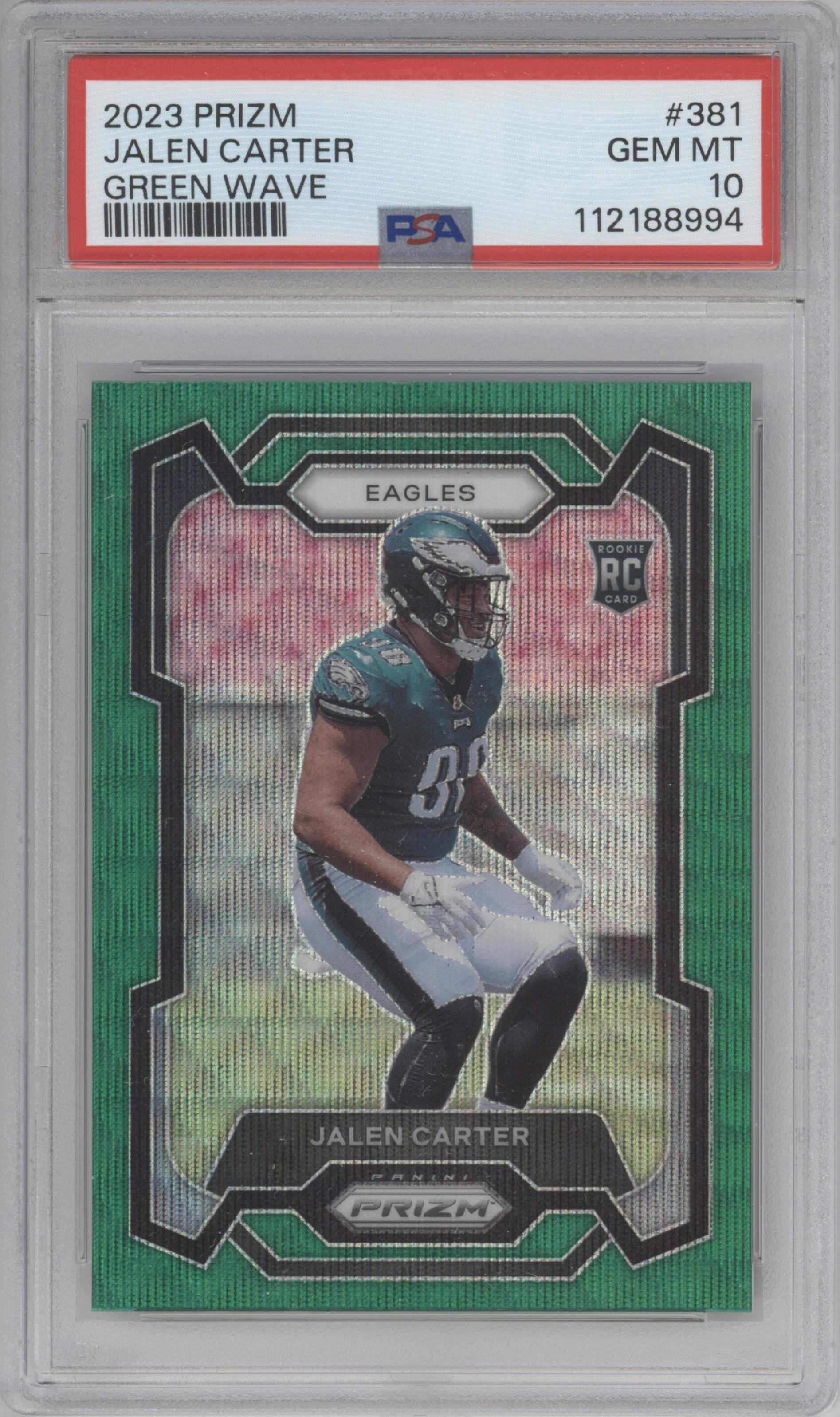 Jalen Carter from the 2023 Panini Prizm set featuring a Green Wave  parallel graded by PSA and given an overall grade of 10.