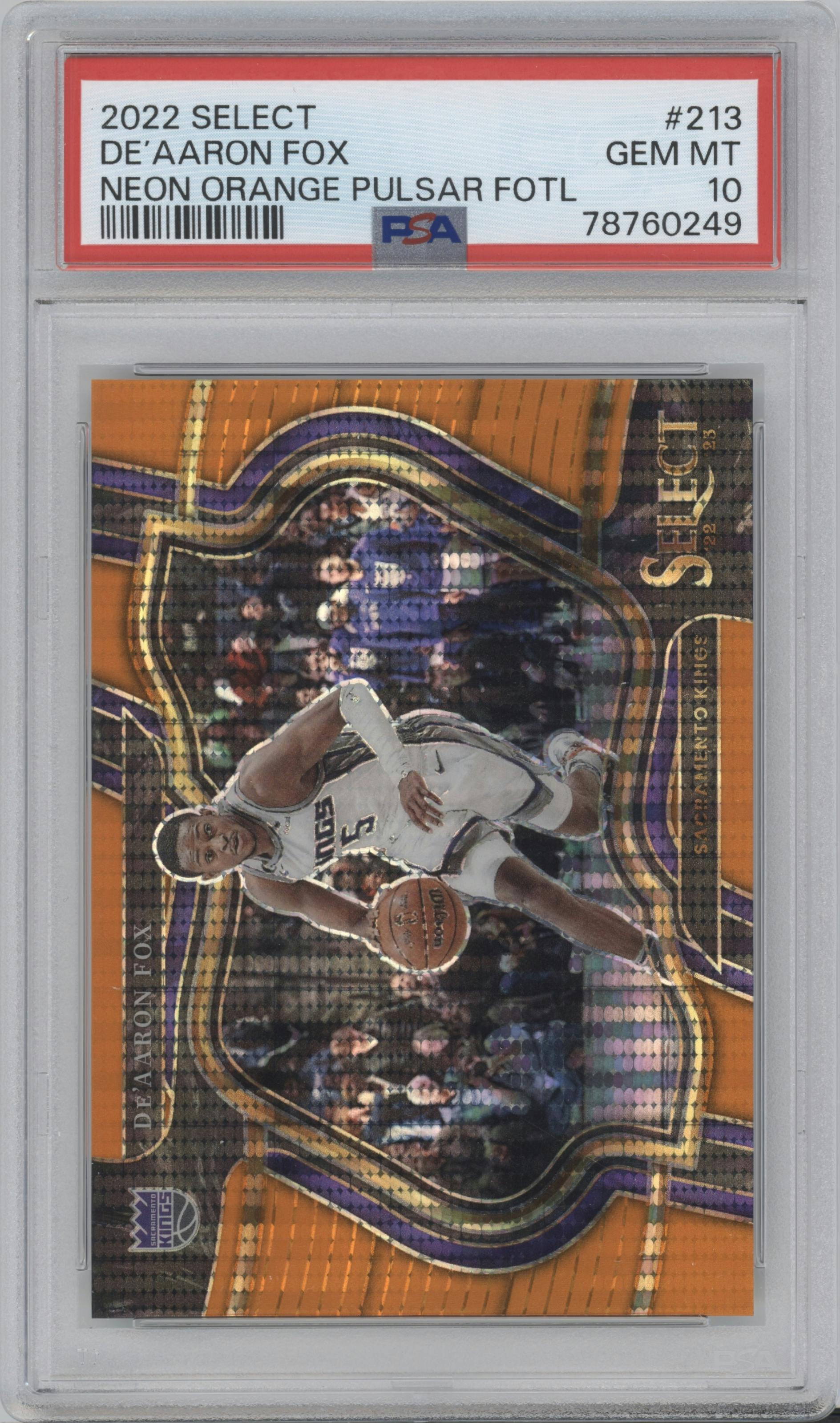 De'Aaron Fox from the 2022-23 Panini Select set featuring a Neon Orange Pulsar parallel graded by PSA and given an overall grade of 10.