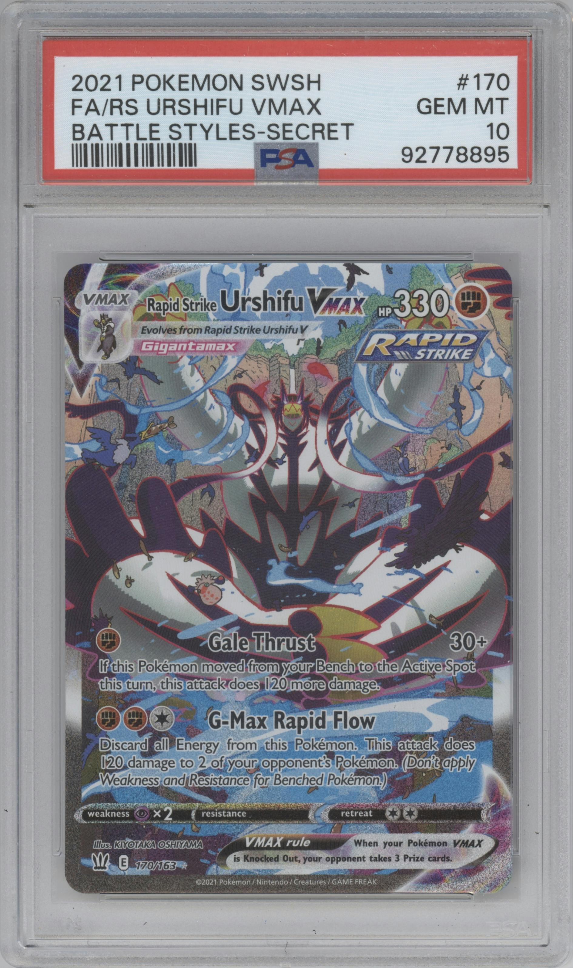 RS Urshifu VMAX from the 2021 Pokemon SWSH set graded by PSA and given an overall grade of 10.