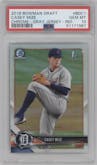 Casey Mize from the 2018 Bowman Draft set featuring a Refractor  parallel graded by PSA and given an overall grade of 10.