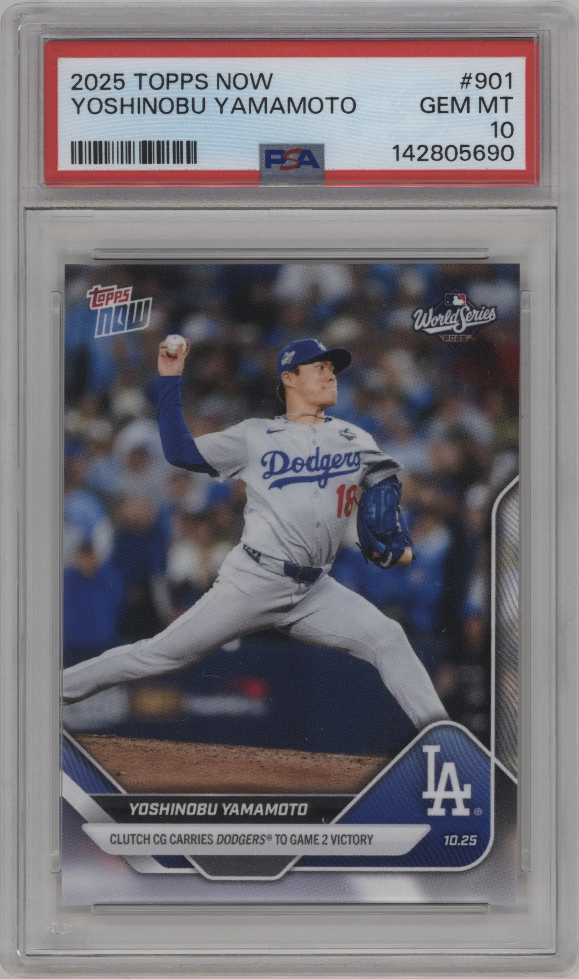Yoshinobu Yamamoto from the 2025 Topps Now set graded by PSA and given an overall grade of 10.
