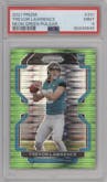Trevor Lawrence from the 2021 Panini Prizm set featuring a  Neon Green Pulsar parallel graded by PSA and given an overall grade of 9.