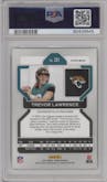 Trevor Lawrence from the 2021 Panini Prizm set featuring a  Neon Green Pulsar parallel graded by PSA and given an overall grade of 9.