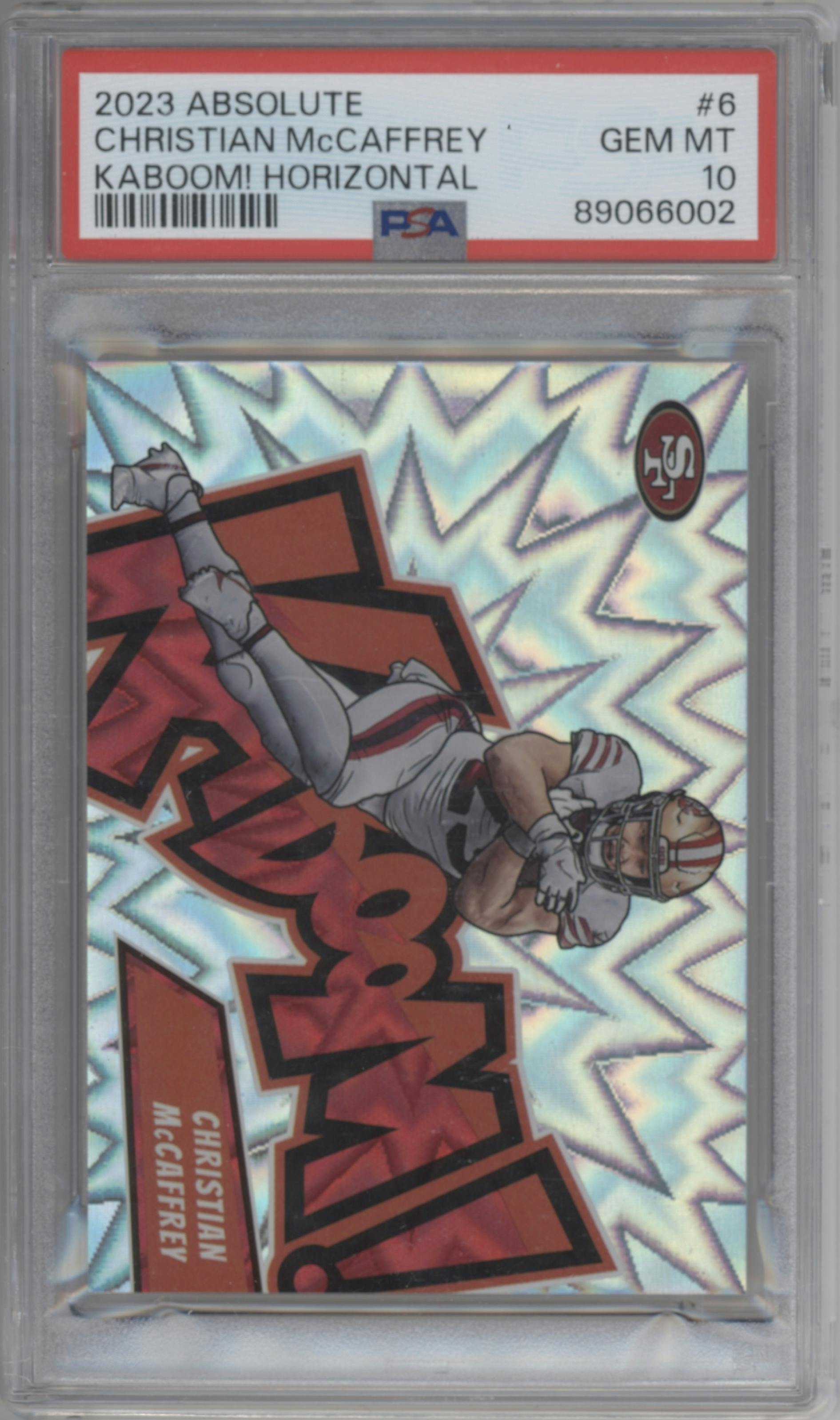 Christian McCaffrey from the 2023 Panini Absolute set graded by PSA and given an overall grade of 10.