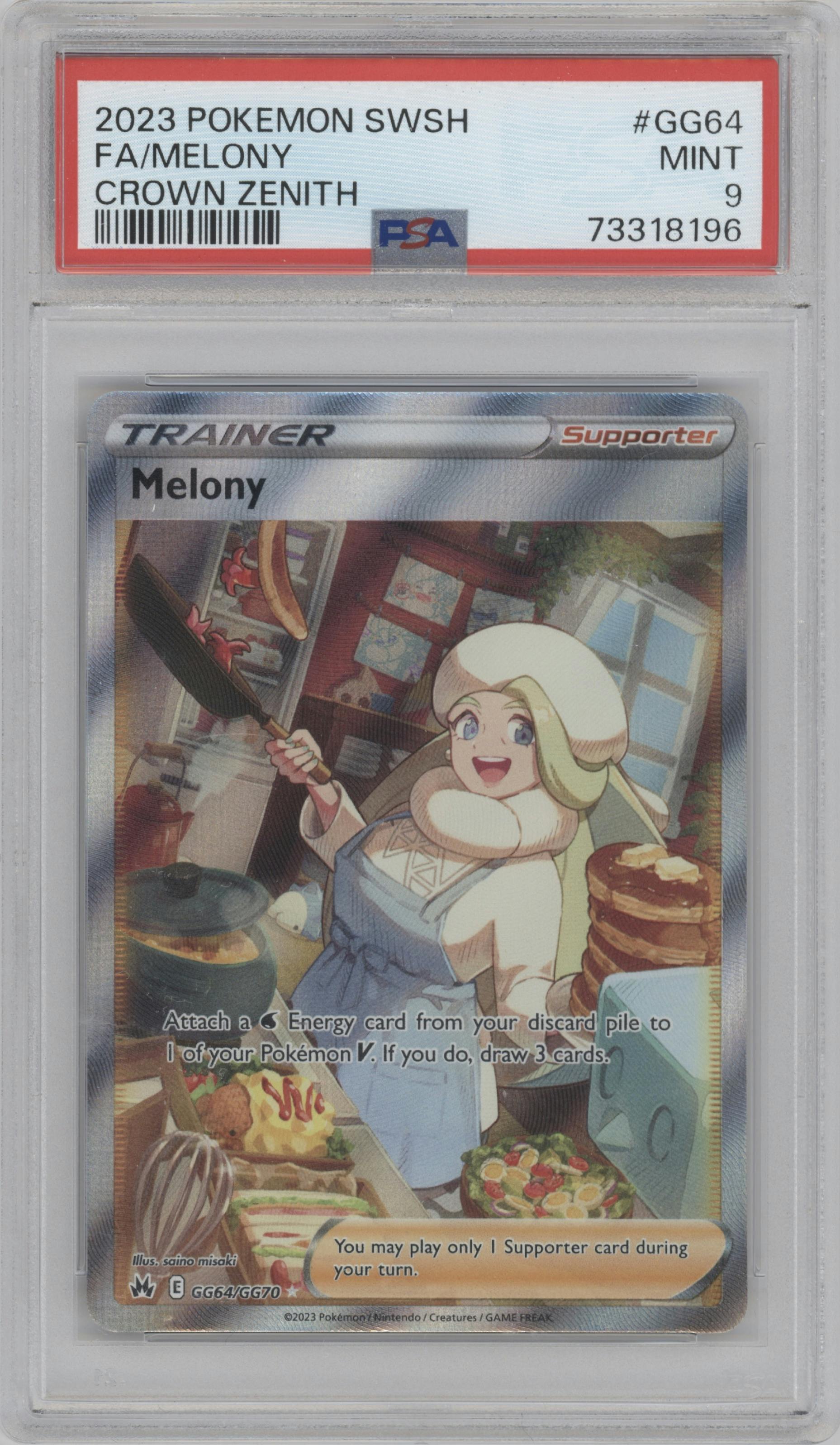 Melony from the 2023 Pokemon SWSH set graded by PSA and given an overall grade of 9.