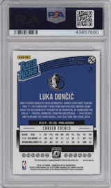 Luka Doncic from the 2018-19 Panini Donruss Optic set featuring a Blue parallel graded by PSA and given an overall grade of 10.