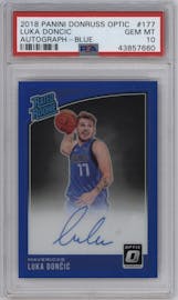 Luka Doncic from the 2018-19 Panini Donruss Optic set featuring a Blue parallel graded by PSA and given an overall grade of 10.