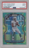 Tua Tagovailoa from the 2020 Panini Prizm set featuring a Hyper parallel graded by PSA and given an overall grade of 9.