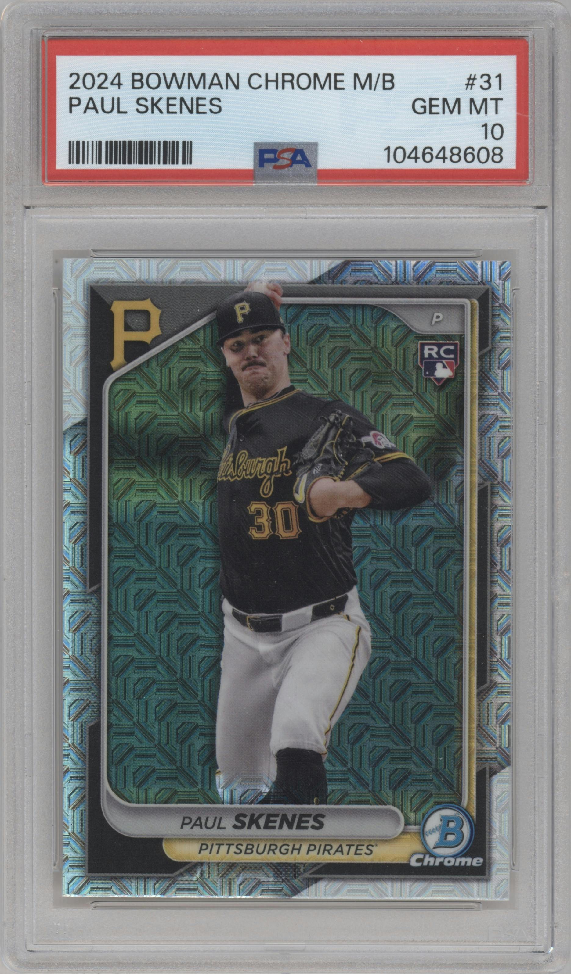 Paul Skenes from the 2024 Bowman Chrome Mega Box set graded by PSA and given an overall grade of 10.