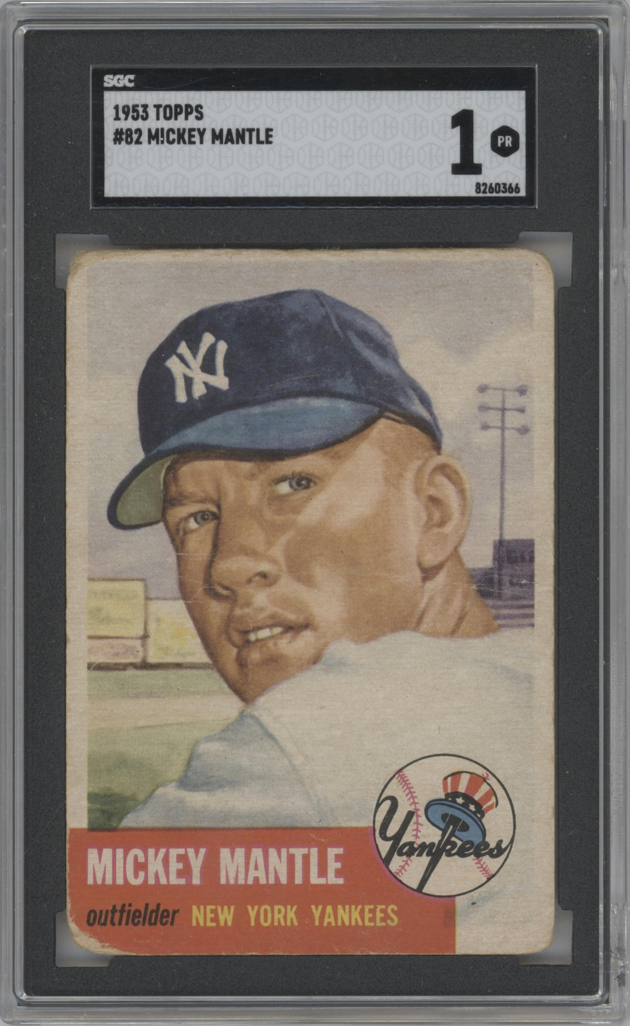 Mickey Mantle from the 1953 Topps set graded by SGC and given an overall grade of 1.