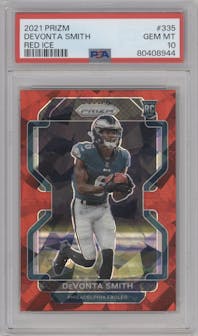 DeVonta Smith from the 2021 Panini Prizm set featuring a Red Ice parallel graded by PSA and given an overall grade of 10.