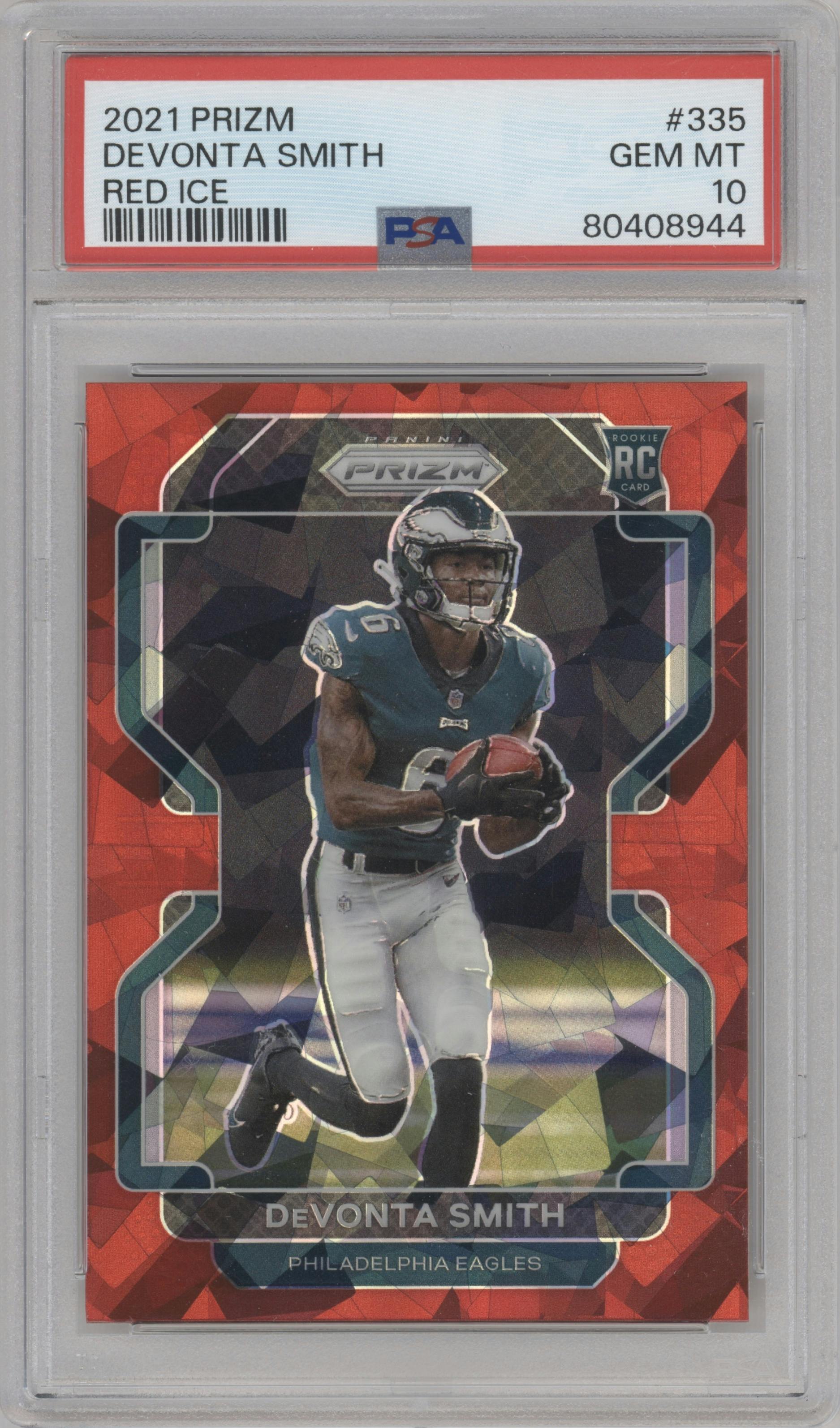 DeVonta Smith from the 2021 Panini Prizm set featuring a Red Ice parallel graded by PSA and given an overall grade of 10.