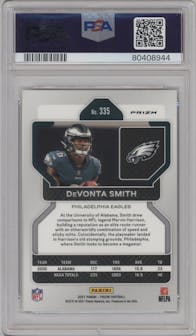DeVonta Smith from the 2021 Panini Prizm set featuring a Red Ice parallel graded by PSA and given an overall grade of 10.