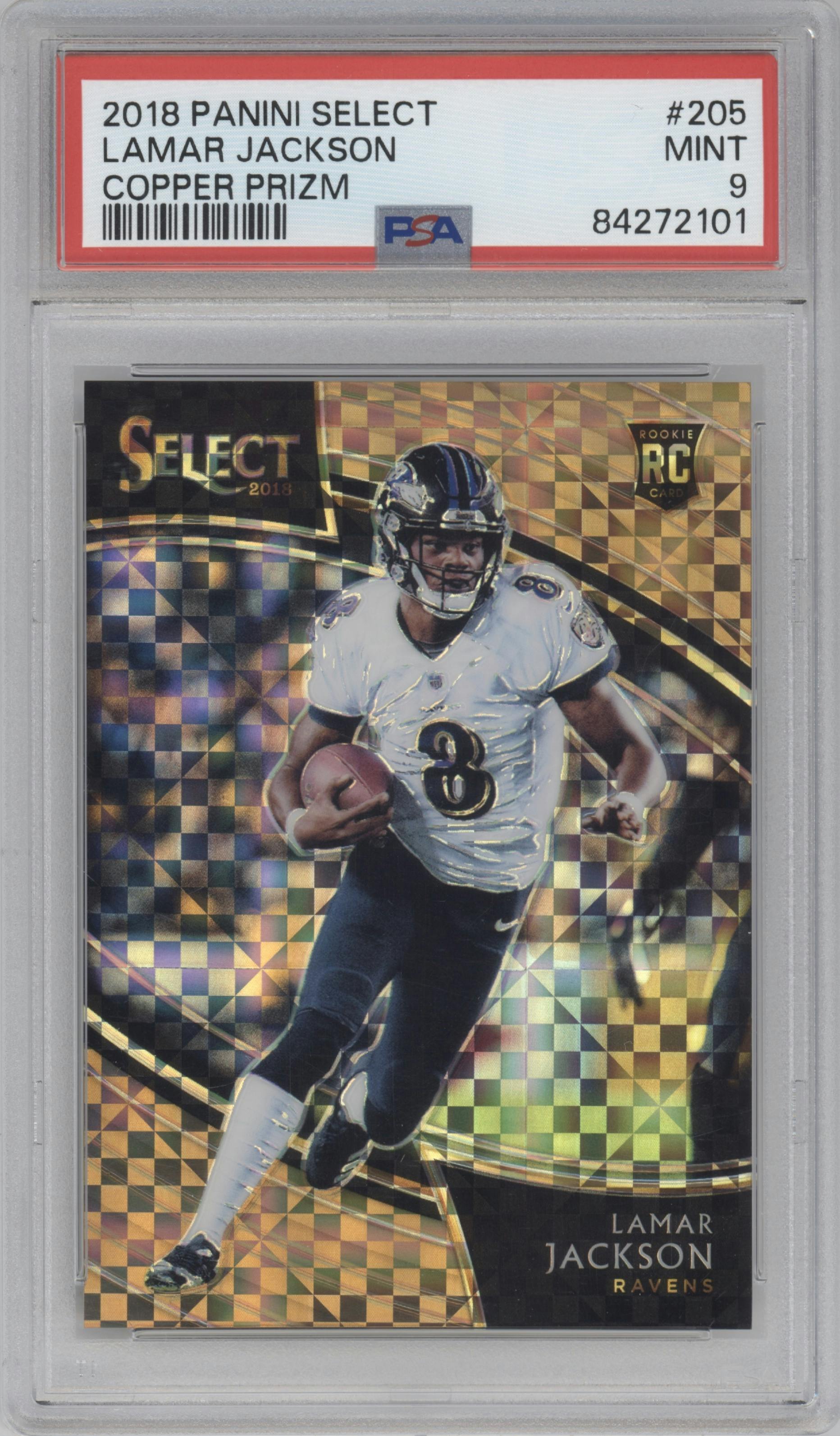 Lamar Jackson from the 2018 Panini Select set featuring a Copper Prizm parallel graded by PSA and given an overall grade of 9.