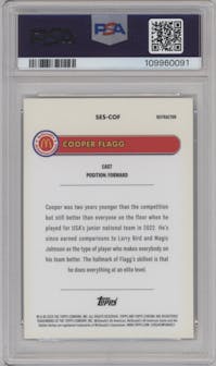 Cooper Flagg from the 2024 Topps Chrome McDonald's All-American set featuring a Refractor parallel graded by PSA and given an overall grade of 9.