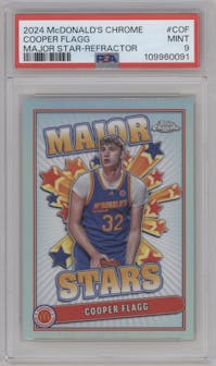 Cooper Flagg from the 2024 Topps Chrome McDonald's All-American set featuring a Refractor parallel graded by PSA and given an overall grade of 9.