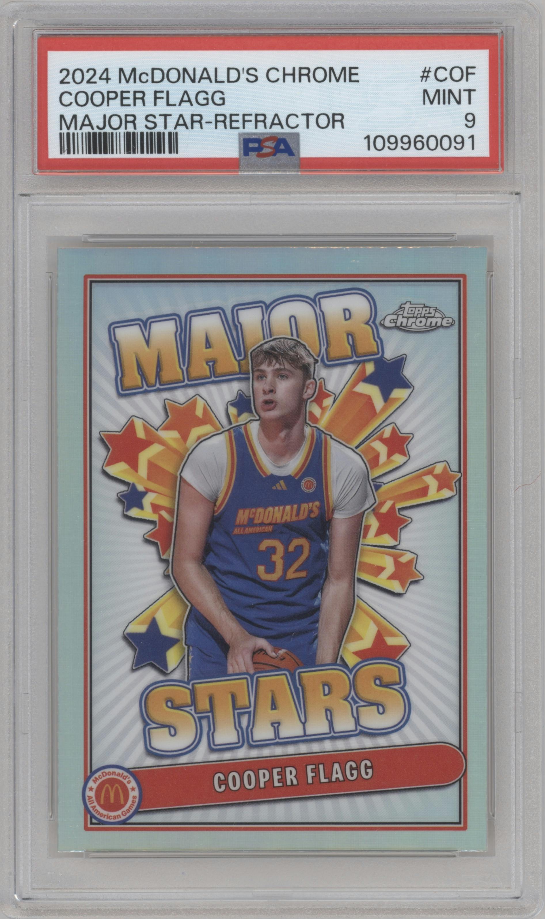 Cooper Flagg from the 2024 Topps Chrome McDonald's All-American set featuring a Refractor parallel graded by PSA and given an overall grade of 9.