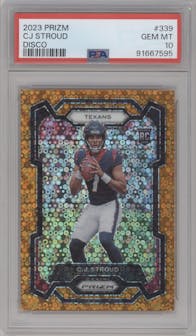 C.J. Stroud from the 2023 Panini Prizm set featuring a Disco parallel graded by PSA and given an overall grade of 10.