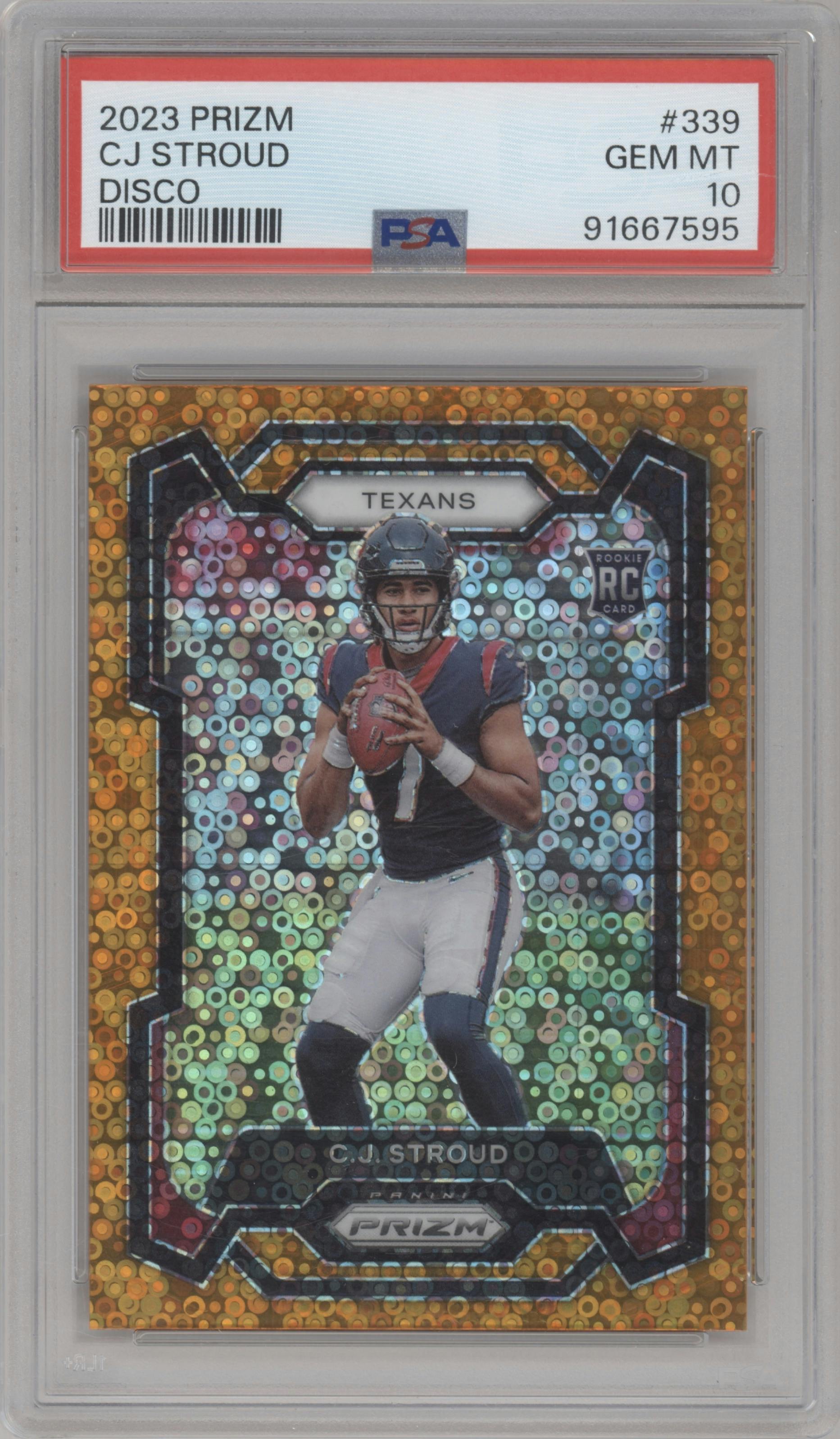 C.J. Stroud from the 2023 Panini Prizm set featuring a Disco parallel graded by PSA and given an overall grade of 10.