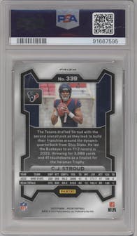 C.J. Stroud from the 2023 Panini Prizm set featuring a Disco parallel graded by PSA and given an overall grade of 10.