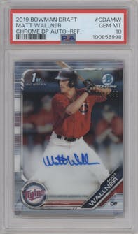 Matt Wallner from the 2019 Bowman Draft set featuring a Refractor parallel graded by PSA and given an overall grade of 10.