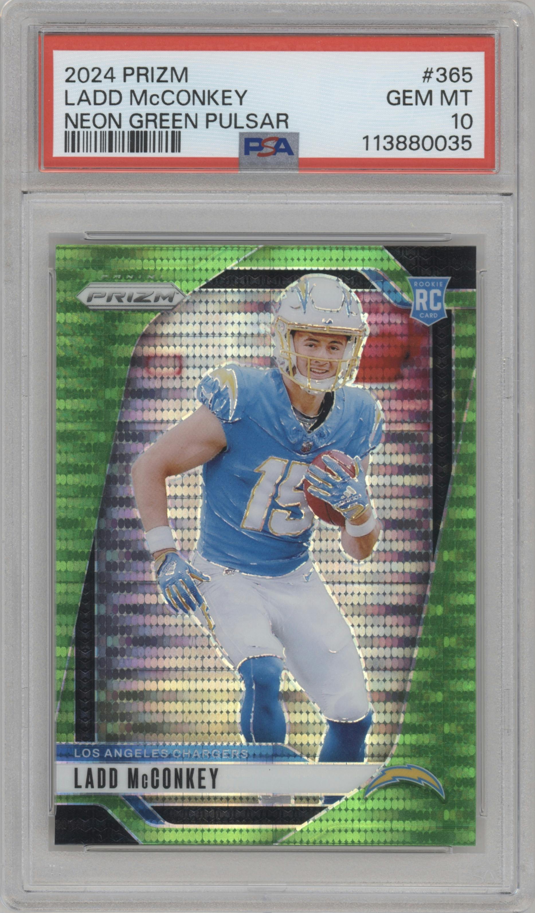 Ladd McConkey from the 2024 Panini Prizm set featuring a Neon Green Pulsar  parallel graded by PSA and given an overall grade of 10.