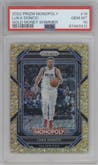 Luka Doncic from the 2022-23 Panini Prizm Monopoly set featuring a Gold Money Shimmer parallel graded by PSA and given an overall grade of 10.