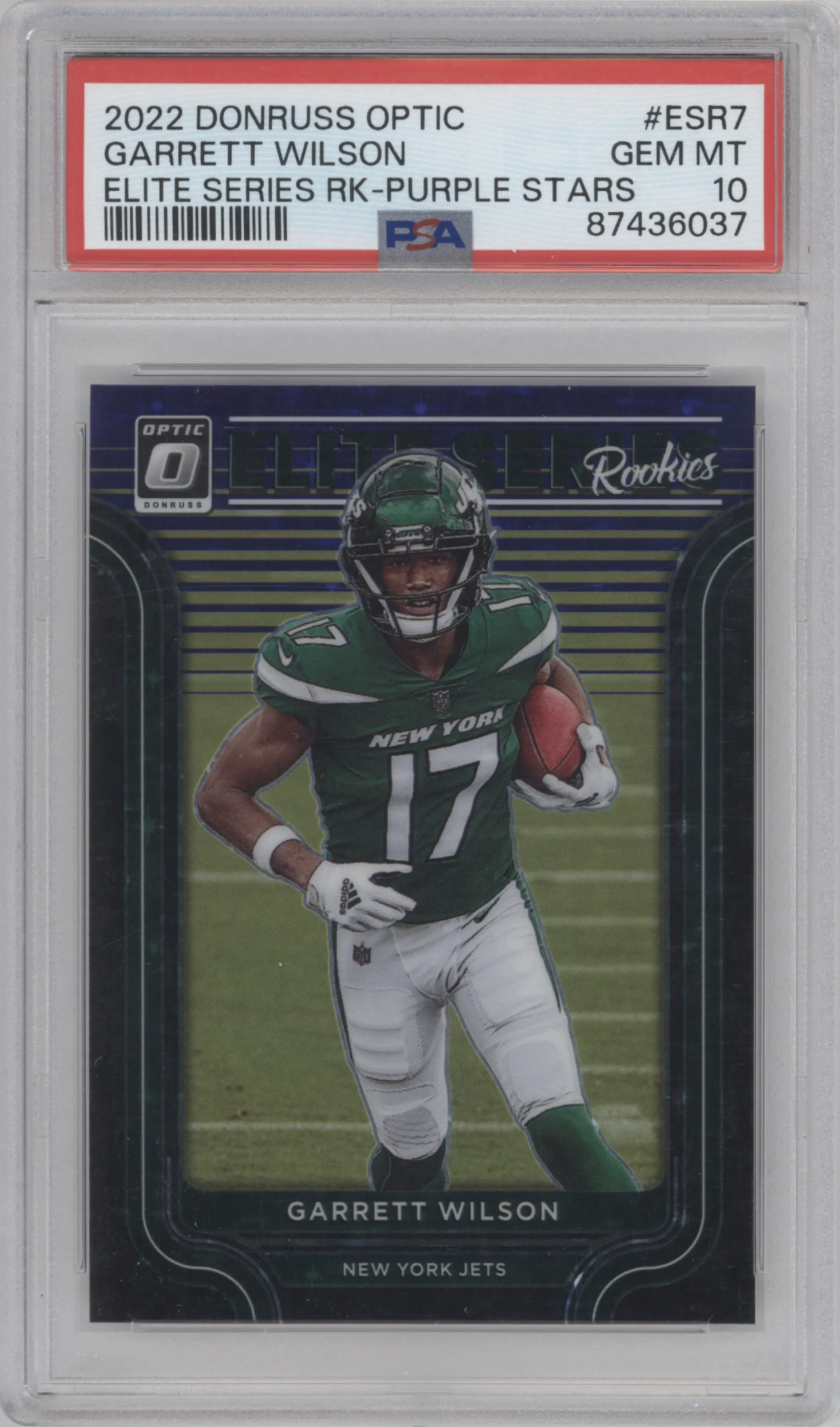 2022 Panini Donruss Optic Elite Series Rke. Garrett Wilson Purple Stars PSA 10