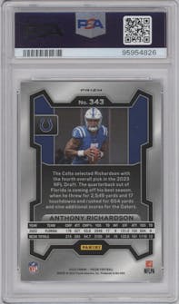 Anthony Richardson from the 2023 Panini Prizm set featuring a Purple Pulsar parallel graded by PSA and given an overall grade of 10.
