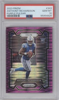 Anthony Richardson from the 2023 Panini Prizm set featuring a Purple Pulsar parallel graded by PSA and given an overall grade of 10.