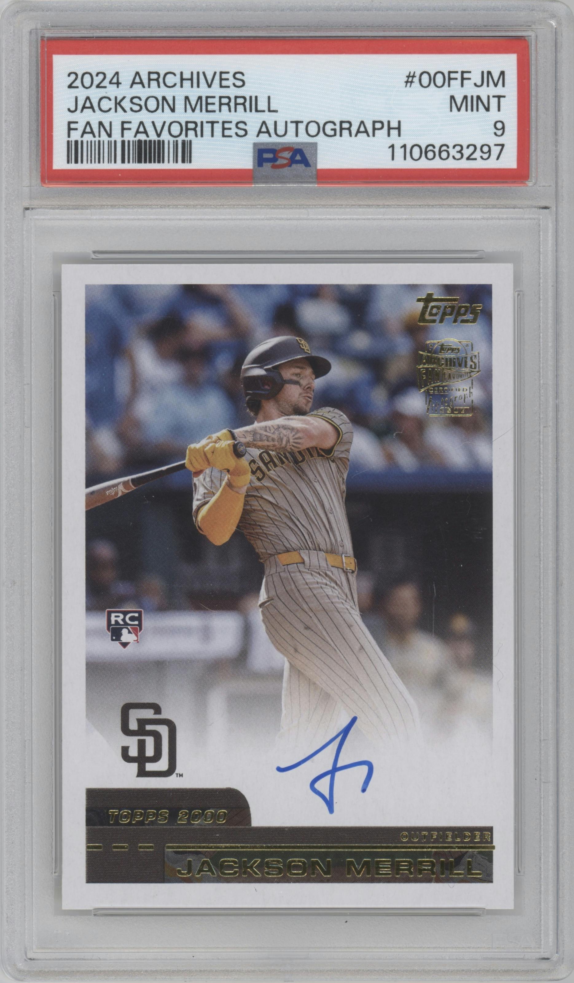 Jackson Merrill from the 2024 Topps Archives set graded by PSA and given an overall grade of 9.