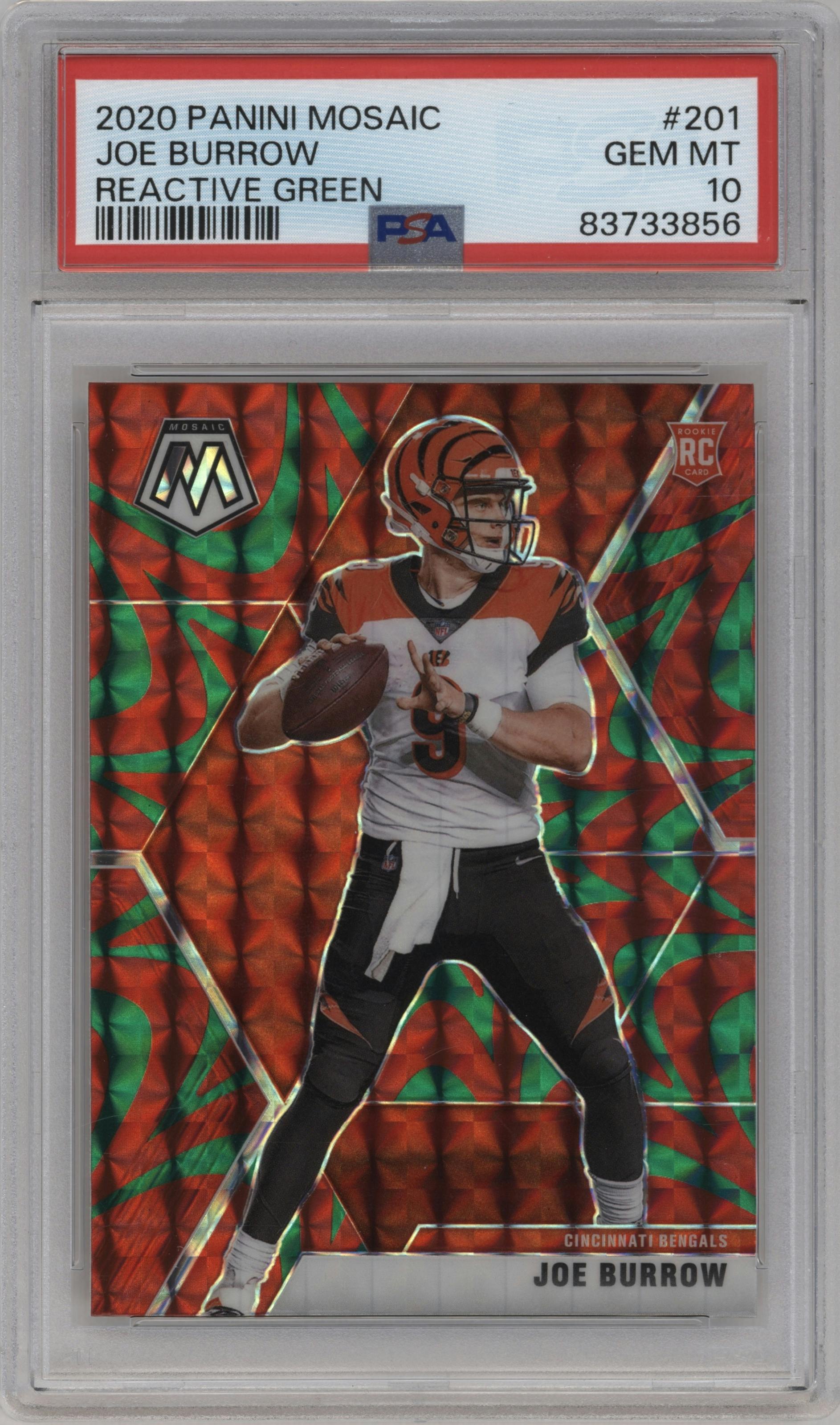 Joe Burrow from the 2020 Panini Mosaic set featuring a Reactive Green parallel graded by PSA and given an overall grade of 10.