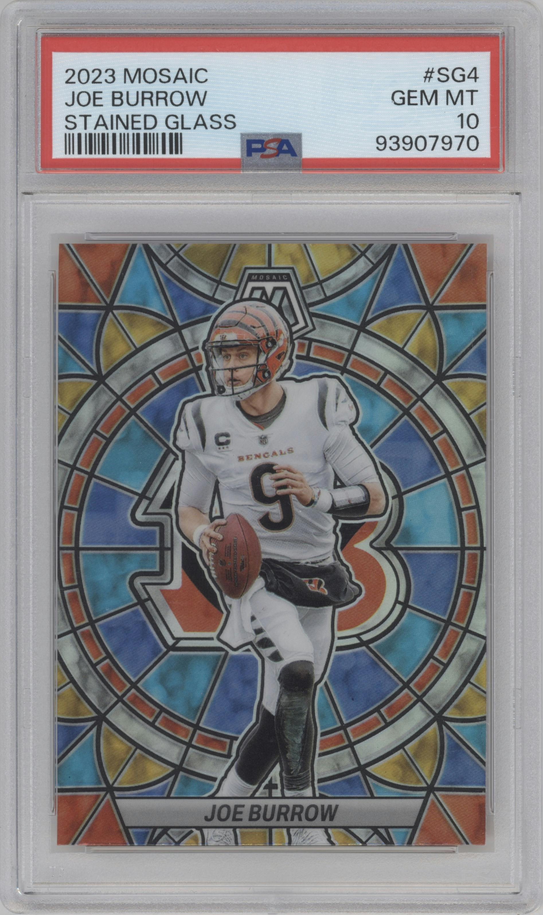 Joe Burrow from the 2023 Panini Mosaic set graded by PSA and given an overall grade of 10.