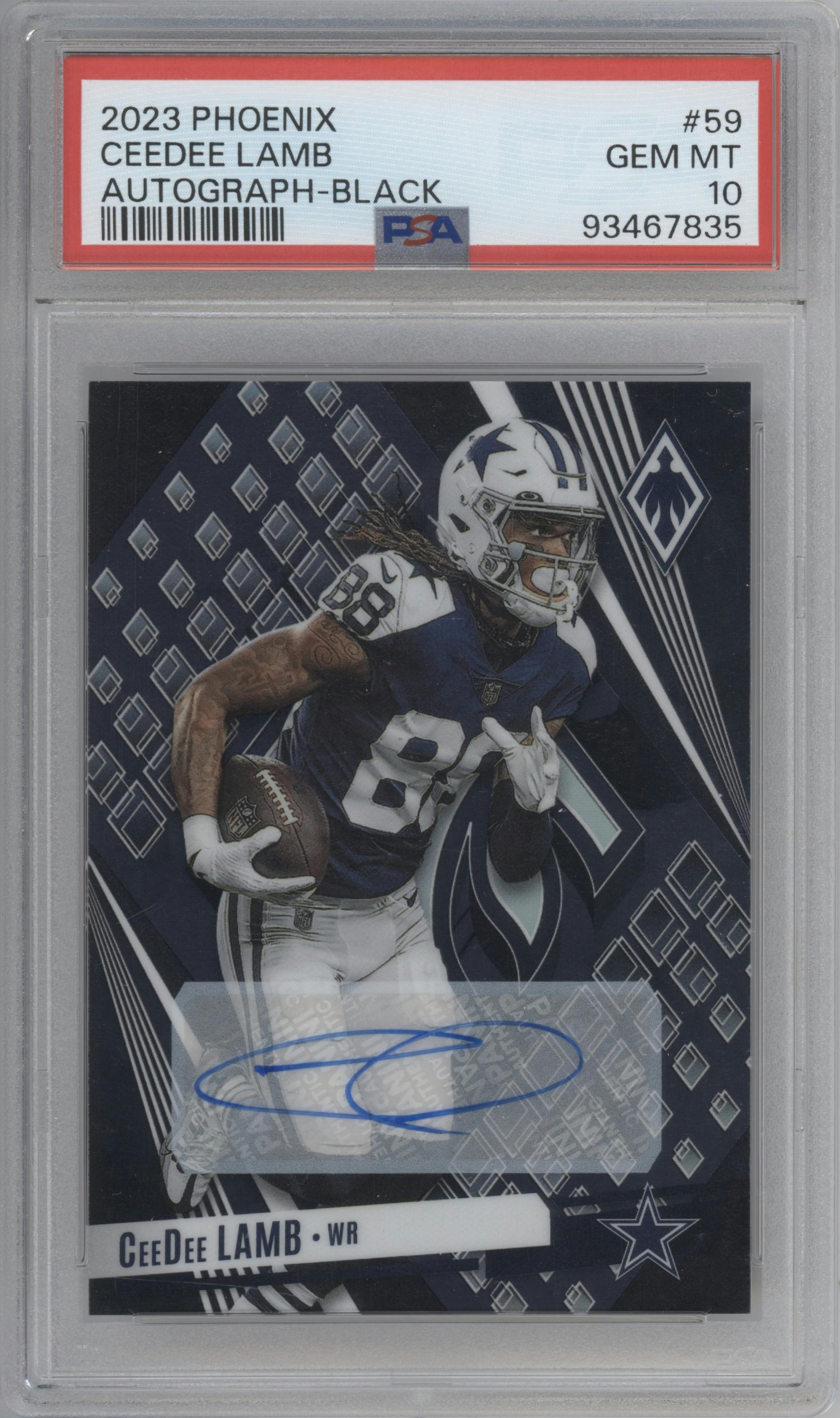 CeeDee Lamb  from the 2023 Panini Phoenix set featuring a Black parallel graded by PSA and given an overall grade of 10.