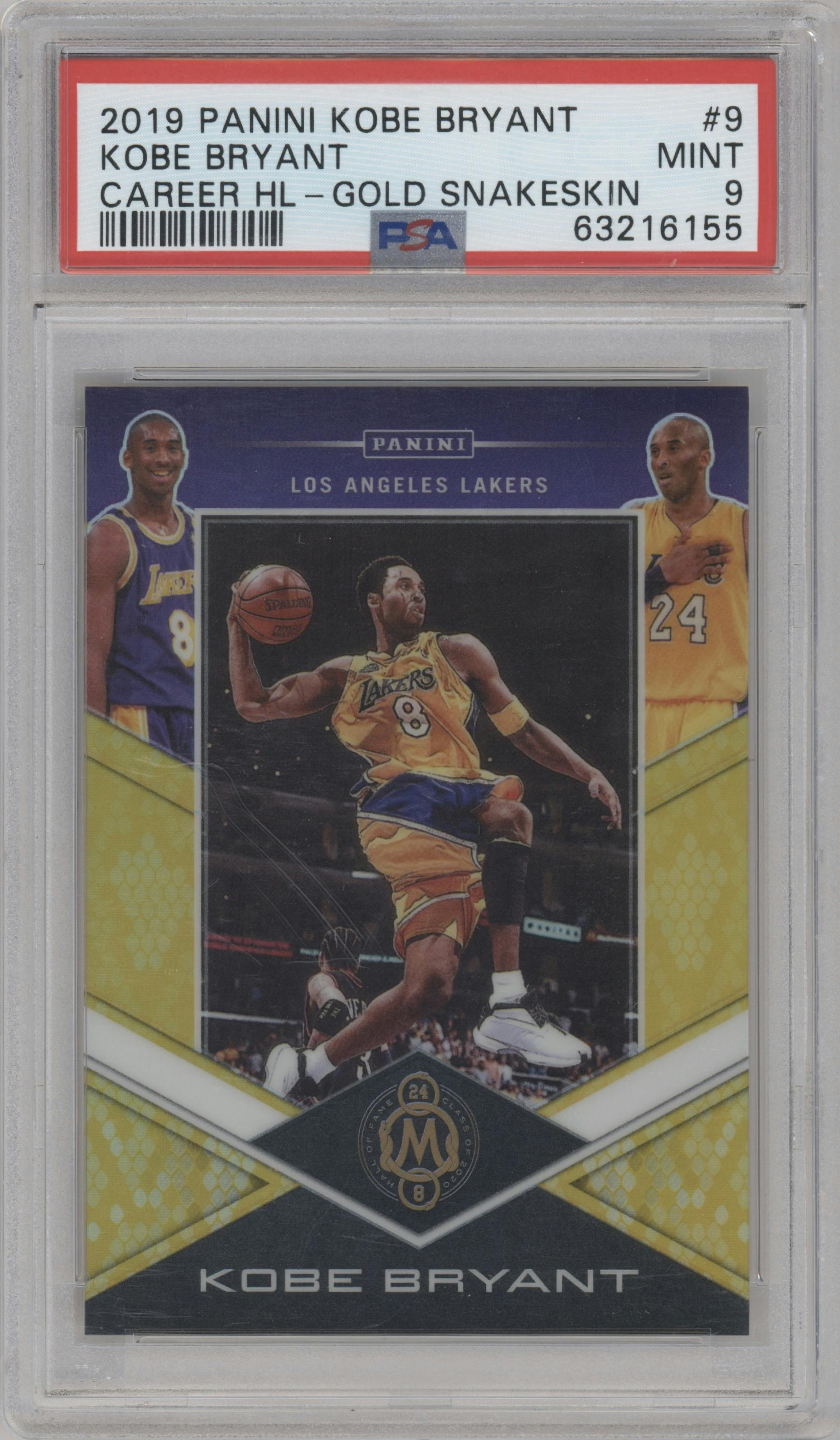 Kobe Bryant from the 2019-20 Panini Kobe Bryant Career Highlights set featuring a Snakeskin Gold parallel graded by PSA and given an overall grade of 9.