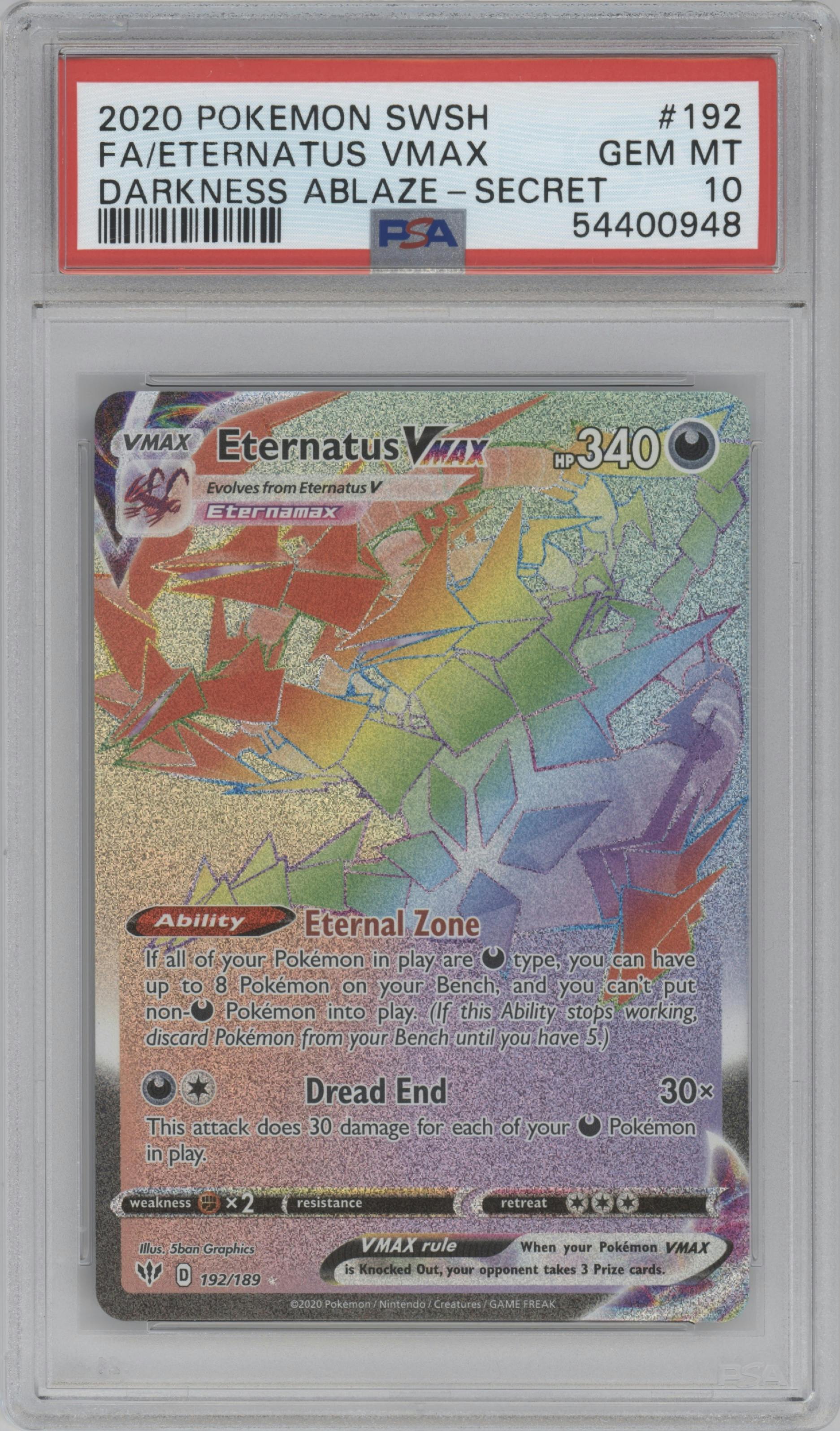 Eternatus VMAX from the 2020 Pokemon SWSH set graded by PSA and given an overall grade of 10.