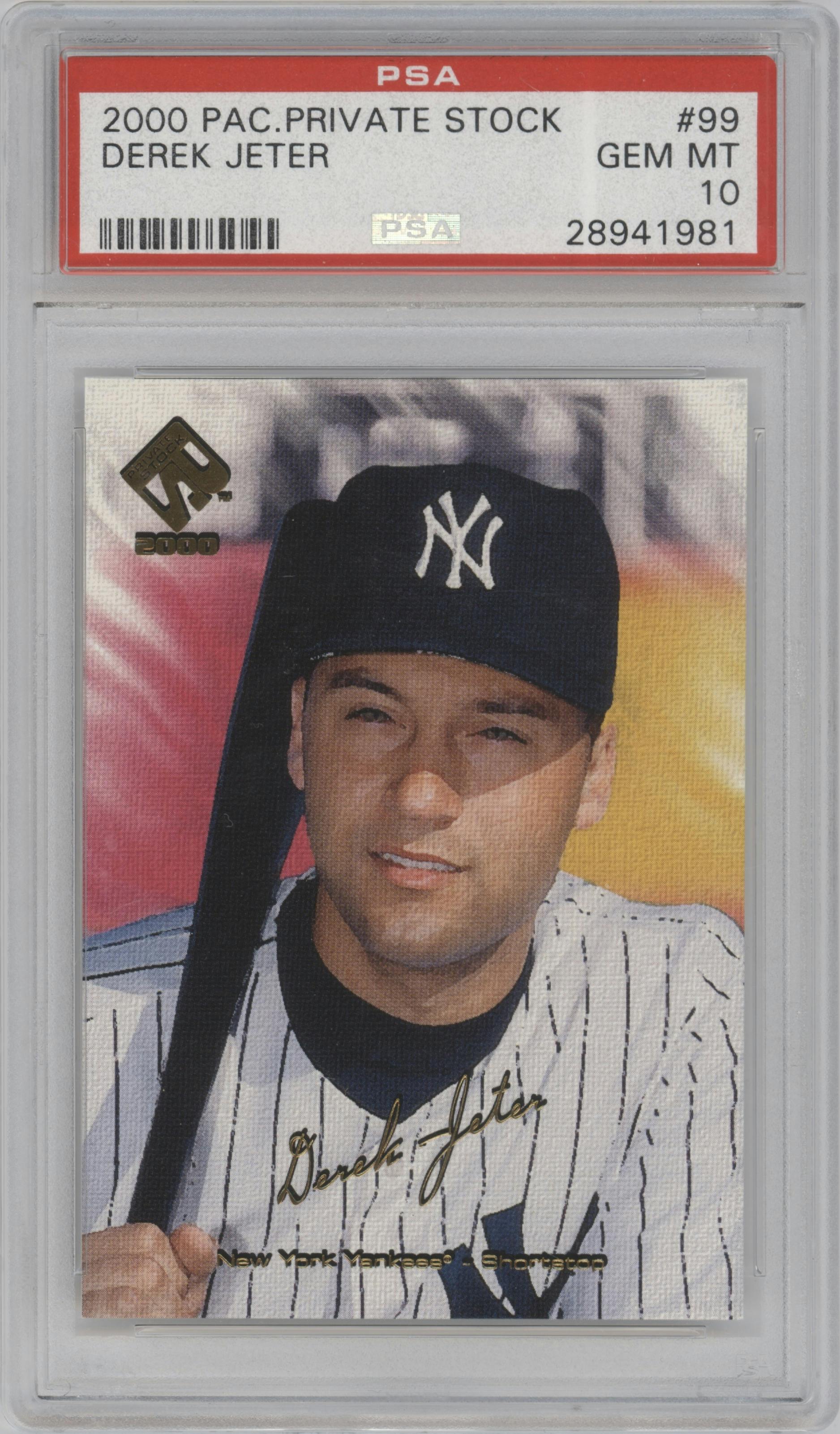 Derek Jeter from the 2000 Pacific Private Stock set graded by PSA and given an overall grade of 10.